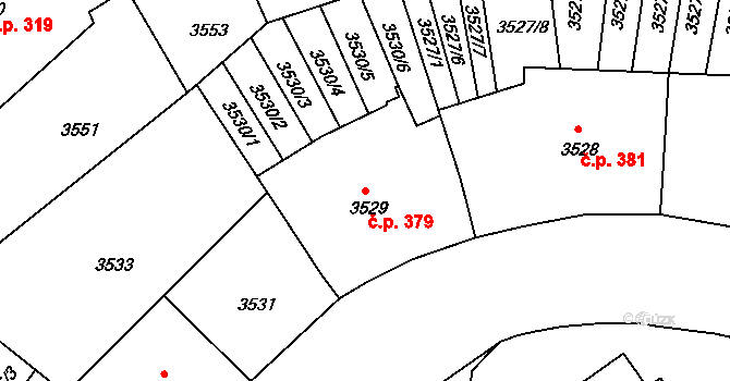 Černá Pole 379, Brno na parcele st. 3529 v KÚ Černá Pole, Katastrální mapa