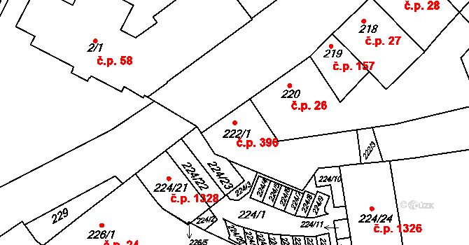 Komín 396, Brno na parcele st. 222/1 v KÚ Komín, Katastrální mapa