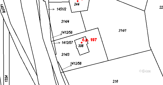 Velké Kunětice 197 na parcele st. 308 v KÚ Velké Kunětice, Katastrální mapa