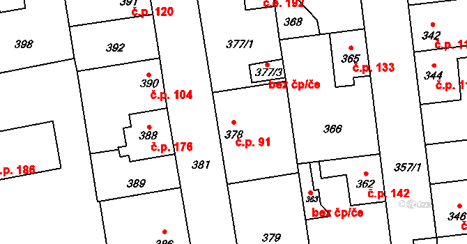 Šeberov 91, Praha na parcele st. 378 v KÚ Šeberov, Katastrální mapa
