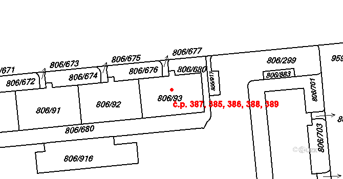Malešice 385,386,387,388,389, Praha na parcele st. 806/93 v KÚ Malešice, Katastrální mapa