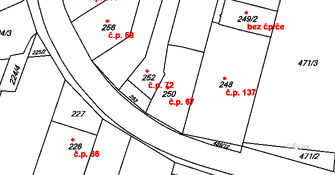 Kanice 67 na parcele st. 250 v KÚ Kanice, Katastrální mapa