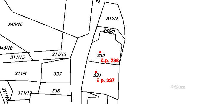 Jemnice 238 na parcele st. 332 v KÚ Jemnice, Katastrální mapa