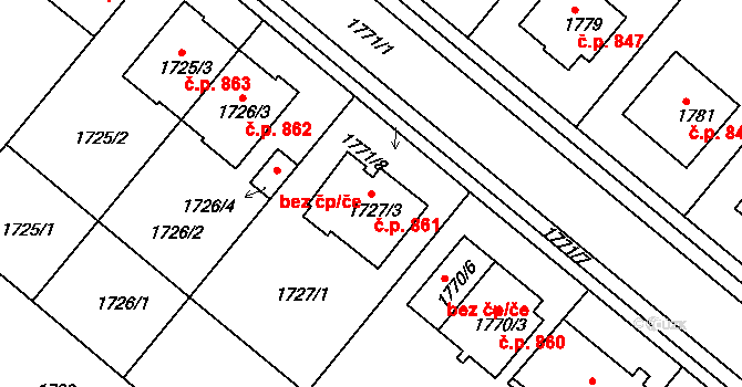 Jemnice 861 na parcele st. 1727/3 v KÚ Jemnice, Katastrální mapa