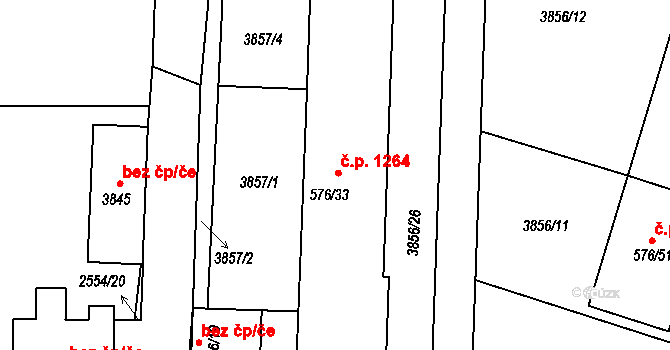 Nové Město 1264, Rokycany na parcele st. 576/33 v KÚ Rokycany, Katastrální mapa