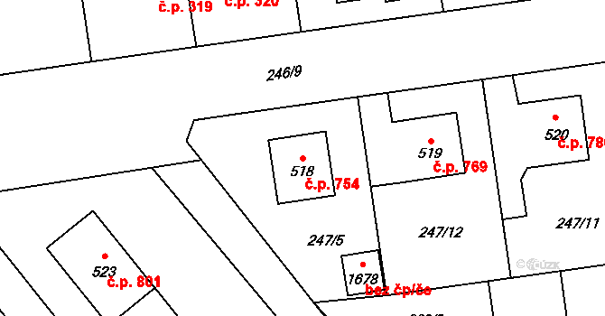 Hrabůvka 754, Ostrava na parcele st. 518 v KÚ Hrabůvka, Katastrální mapa