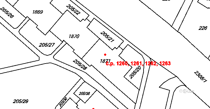 Kateřinky 1260,1261,1262,1263, Opava na parcele st. 1871 v KÚ Kateřinky u Opavy, Katastrální mapa