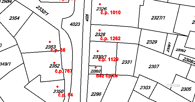 Kunovice 1129 na parcele st. 2330/1 v KÚ Kunovice u Uherského Hradiště, Katastrální mapa