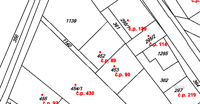 Košumberk 89, Luže na parcele st. 452 v KÚ Luže, Katastrální mapa