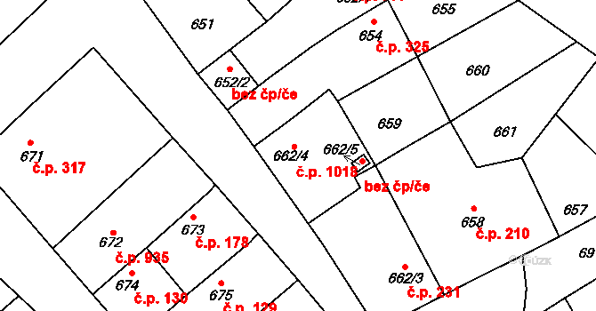 Lužice 1018 na parcele st. 662/4 v KÚ Lužice u Hodonína, Katastrální mapa