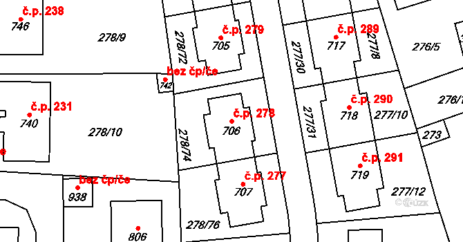 Dolní Jirčany 278, Psáry na parcele st. 706 v KÚ Dolní Jirčany, Katastrální mapa
