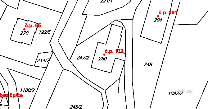 Horní Radechová 172 na parcele st. 250 v KÚ Horní Radechová, Katastrální mapa