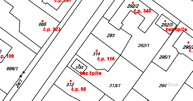 Senec 116, Zruč-Senec na parcele st. 314 v KÚ Senec u Plzně, Katastrální mapa