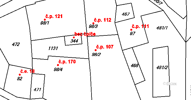 Sobíňov 107 na parcele st. 98/2 v KÚ Sobíňov, Katastrální mapa