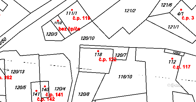 Pavlice 122 na parcele st. 118 v KÚ Pavlice, Katastrální mapa