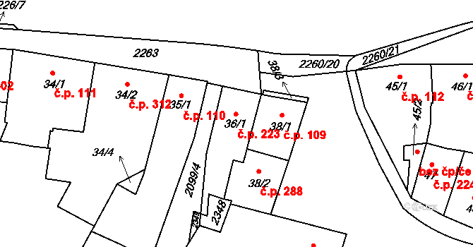 Lišov 223 na parcele st. 36/1 v KÚ Lišov, Katastrální mapa