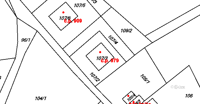 Lyžbice 979, Třinec na parcele st. 107/3 v KÚ Lyžbice, Katastrální mapa
