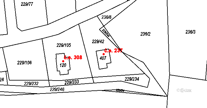 Hostěradice 237, Kamenný Přívoz na parcele st. 407 v KÚ Hostěradice, Katastrální mapa