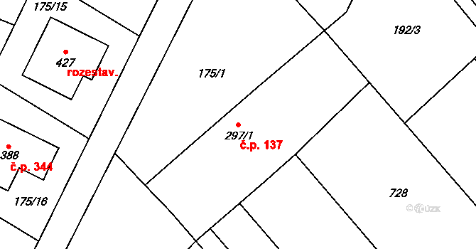 Veltruby 137 na parcele st. 297/1 v KÚ Veltruby, Katastrální mapa