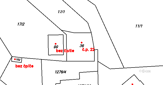 Horní Kozolupy 22 na parcele st. 36 v KÚ Horní Kozolupy, Katastrální mapa