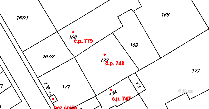 Březce 748, Štěpánov na parcele st. 172 v KÚ Březce, Katastrální mapa