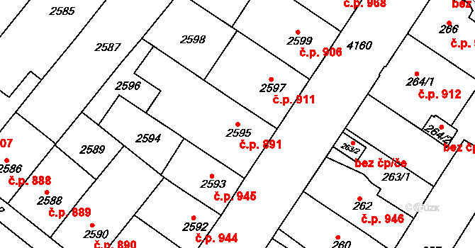 Roudnice nad Labem 891 na parcele st. 2595 v KÚ Roudnice nad Labem, Katastrální mapa