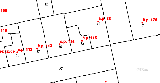 Terezín 115 na parcele st. 15 v KÚ Terezín, Katastrální mapa