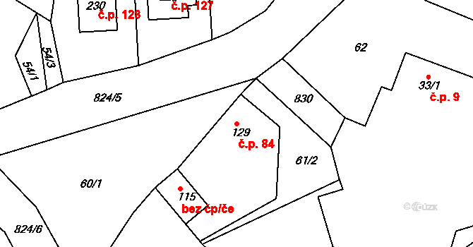 Libošovice 84 na parcele st. 129 v KÚ Libošovice, Katastrální mapa