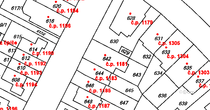 Černá Pole 1181, Brno na parcele st. 642 v KÚ Černá Pole, Katastrální mapa