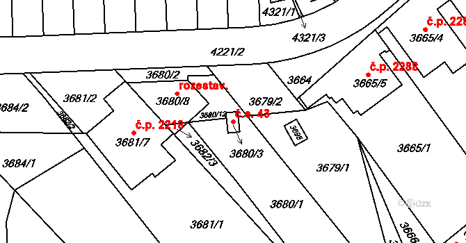 Řečkovice 43, Brno na parcele st. 3680/3 v KÚ Řečkovice, Katastrální mapa