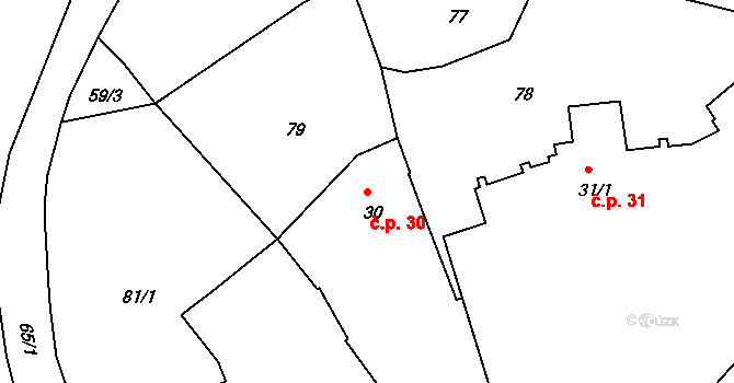 Mradice 30, Postoloprty na parcele st. 30 v KÚ Mradice, Katastrální mapa
