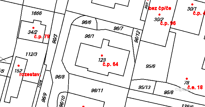 Mladošovice 64 na parcele st. 123 v KÚ Mladošovice, Katastrální mapa