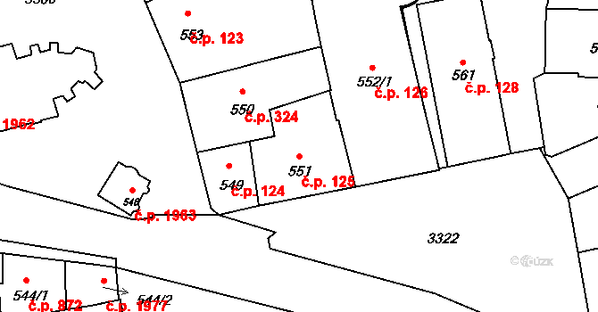 Pelhřimov 125 na parcele st. 551 v KÚ Pelhřimov, Katastrální mapa