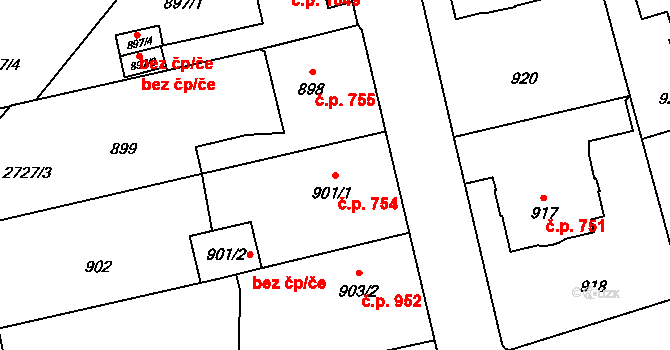 Pelhřimov 754 na parcele st. 901/1 v KÚ Pelhřimov, Katastrální mapa
