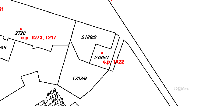 Cheb 1022 na parcele st. 2186/1 v KÚ Cheb, Katastrální mapa