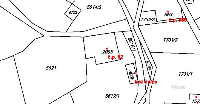 Huslenky 62 na parcele st. 2005 v KÚ Huslenky, Katastrální mapa