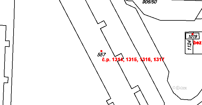 Vrchlabí 1314,1315,1316,1317 na parcele st. 557 v KÚ Podhůří-Harta, Katastrální mapa