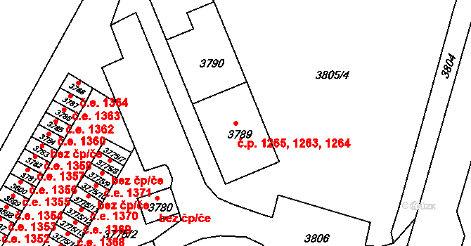 Jirkov 1263,1264,1265 na parcele st. 3789 v KÚ Jirkov, Katastrální mapa