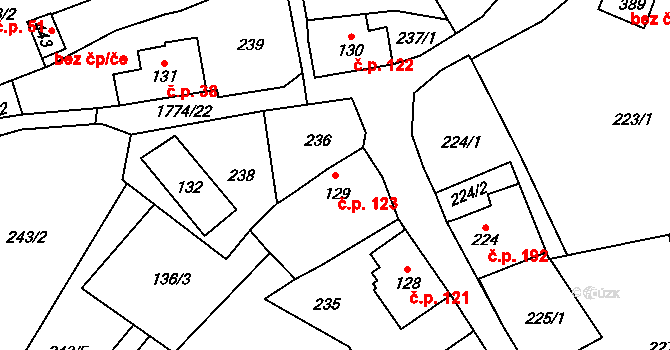 Dětřichov 123 na parcele st. 129 v KÚ Dětřichov u Frýdlantu, Katastrální mapa