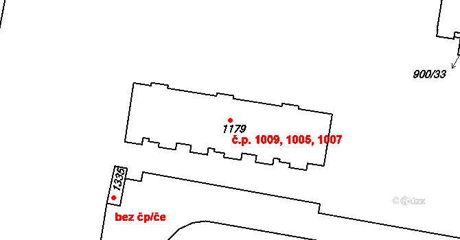 Ivančice 1005,1007,1009 na parcele st. 1179 v KÚ Ivančice, Katastrální mapa