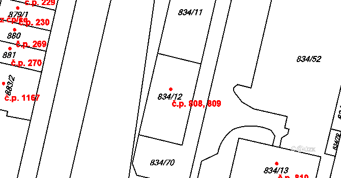 Lobzy 808,809, Plzeň na parcele st. 834/11 v KÚ Doubravka, Katastrální mapa