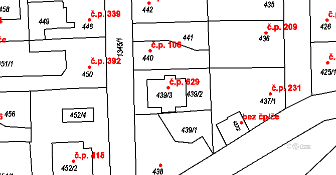 Tuchlovice 629 na parcele st. 439/3 v KÚ Tuchlovice, Katastrální mapa