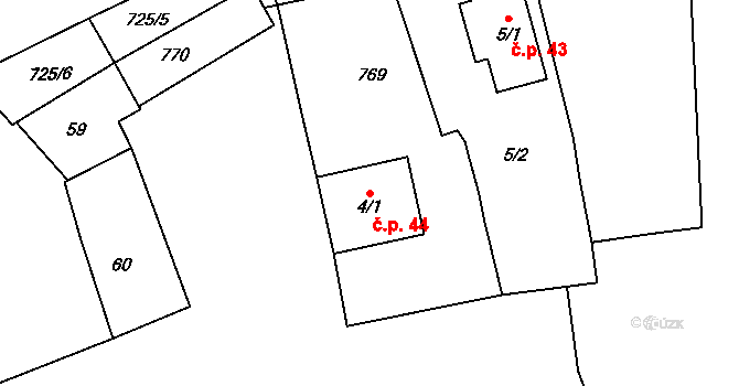 Malinová 44 na parcele st. 4/1 v KÚ Malinová, Katastrální mapa
