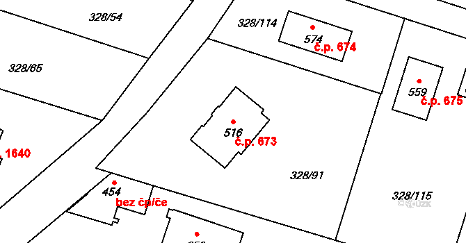 Struhařov 673, Kamenice na parcele st. 516 v KÚ Štiřín, Katastrální mapa
