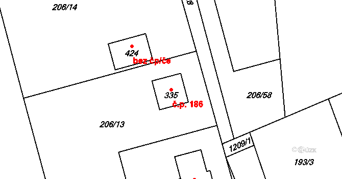 Šlapanov 186 na parcele st. 335 v KÚ Šlapanov, Katastrální mapa