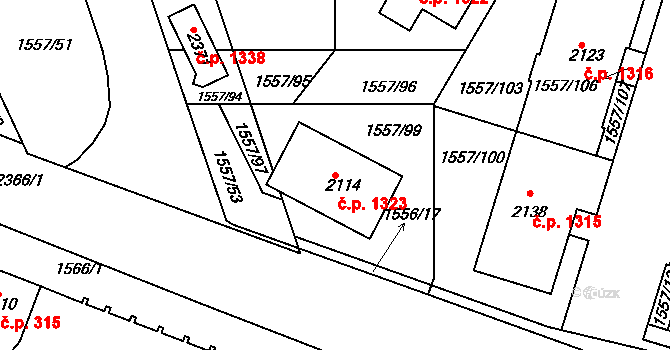 Rosice 1323 na parcele st. 2114 v KÚ Rosice u Brna, Katastrální mapa