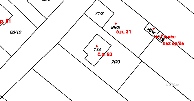 Koválovice u Tištína 83, Koválovice-Osíčany na parcele st. 134 v KÚ Koválovice u Tištína, Katastrální mapa