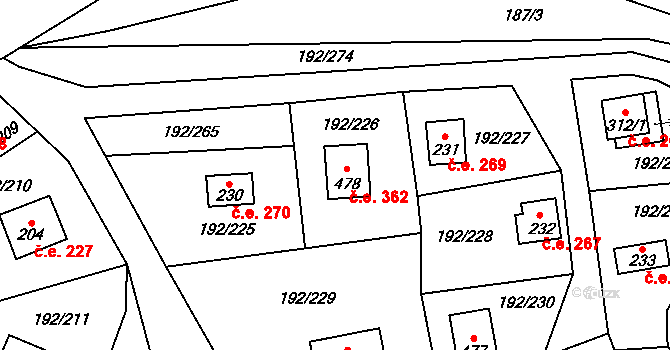 Dřenice 362, Cheb na parcele st. 478 v KÚ Dřenice u Chebu, Katastrální mapa