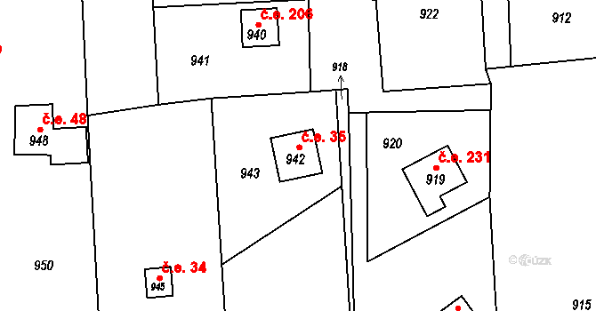 Češkovice 35, Blansko na parcele st. 942 v KÚ Těchov, Katastrální mapa