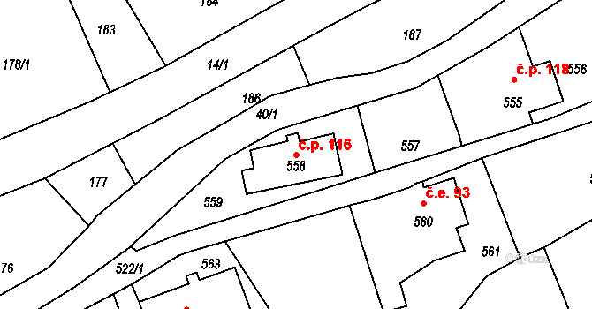 Dolní Chřibská 116, Chřibská na parcele st. 558 v KÚ Dolní Chřibská, Katastrální mapa